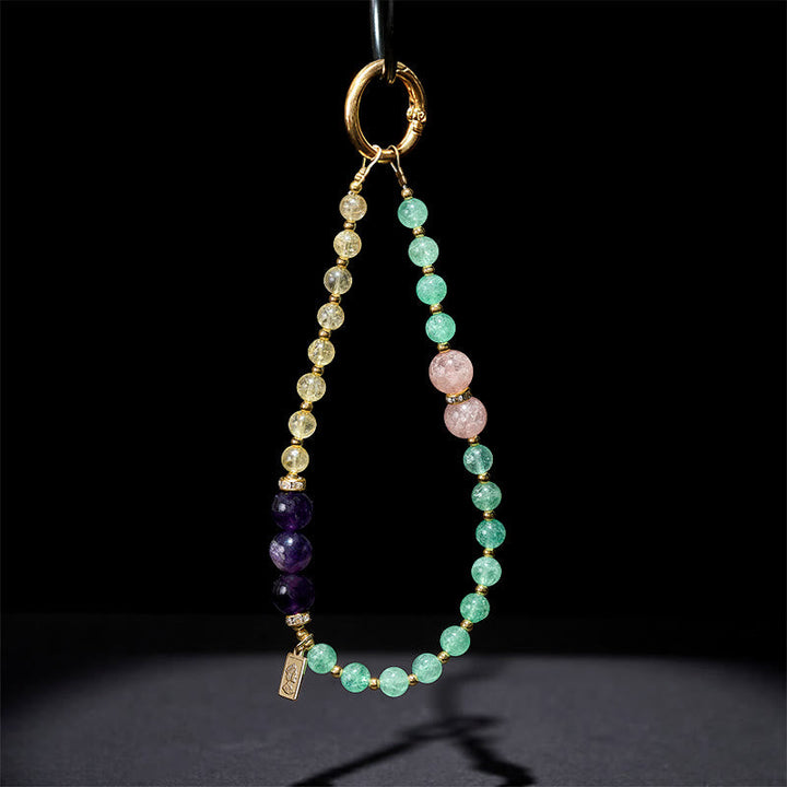 Schlüsselanhänger Erdbeerquarz Citrin Krone Amethyst Perlen spirituell Glücksbringer