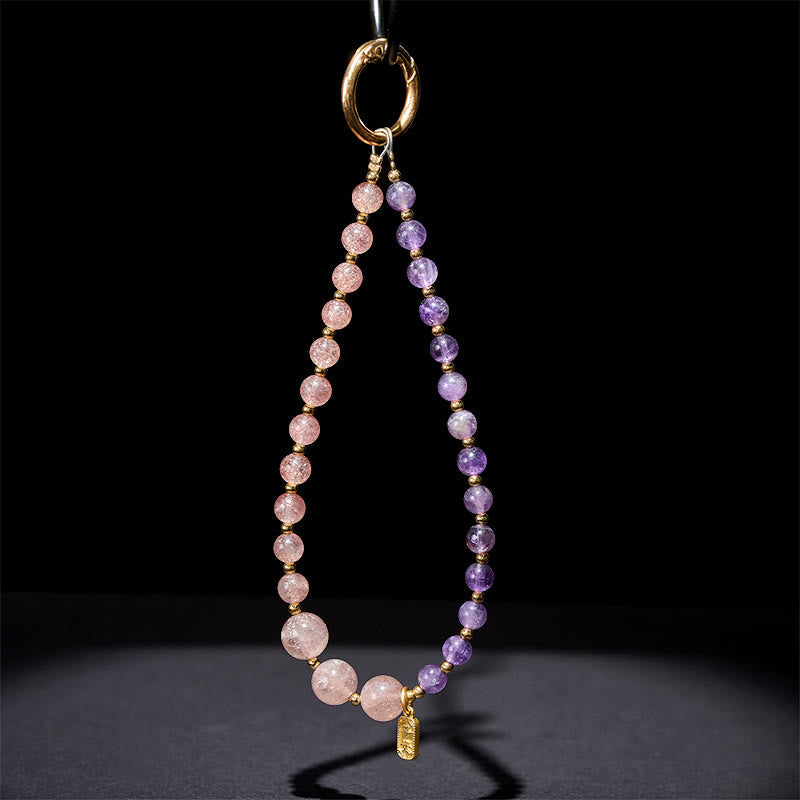 Schlüsselanhänger Erdbeerquarz Amethyst – Glück, spiritueller Glücksbringer mit goldenem Karabiner