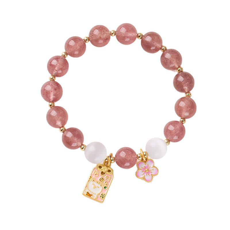 Armband Erdbeerquarz Pfirsichblüte Glück Heilung mit Glücksbringer und Blütenanhänger