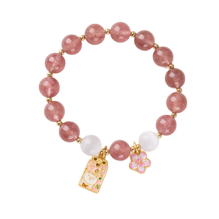 Armband Erdbeerquarz Pfirsichblüte Glück Heilung mit Glücksbringer und Blütenanhänger