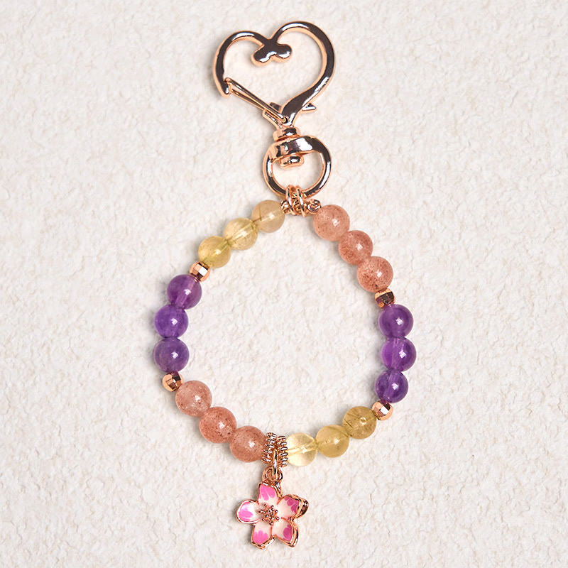 Schlüsselanhänger Erdbeerquarz Amethyst Citrin Blüte Herz Karabiner Glücksbringer spirituell