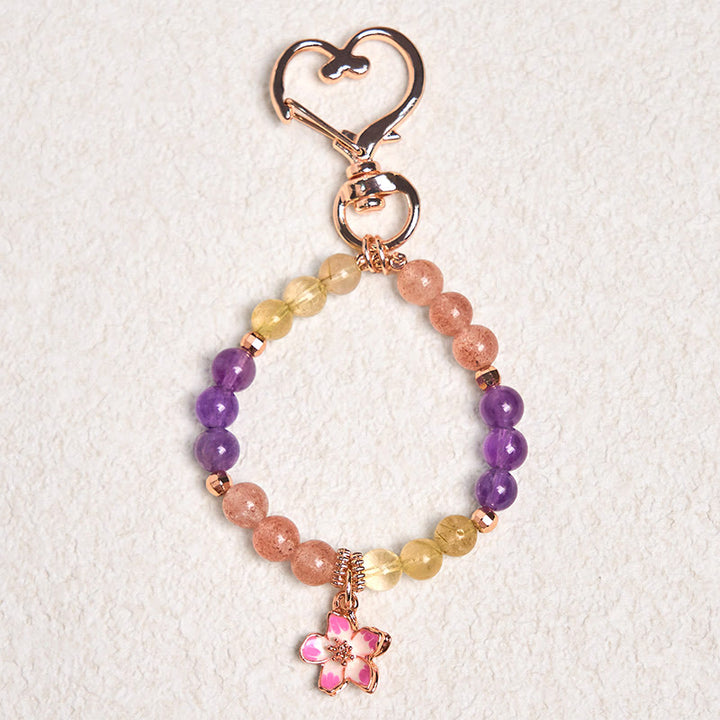 Schlüsselanhänger Erdbeerquarz Amethyst Citrin Blüte Herz Karabiner Glücksbringer spirituell