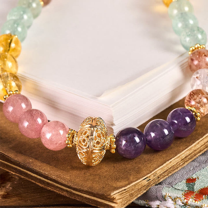 Schlüsselanhänger Amethyst & Erdbeerquarz – Balance mit goldener Perle, spirituell