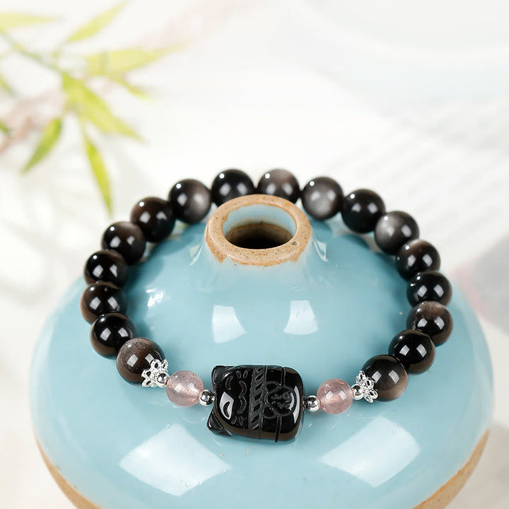 Armband Silber Obsidian Erdbeerquarz Katze Schutz Energie Perlen Glücksbringer
