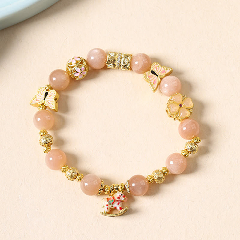 Armband Turmalin Roter Achat Erfolg rosa Perlen Schmetterling Blume Schaukelpferd Anhänger