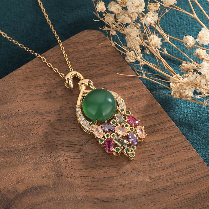 Anhänger Kette Cyan Jade Pfau Erfolg Edelsteine Gold