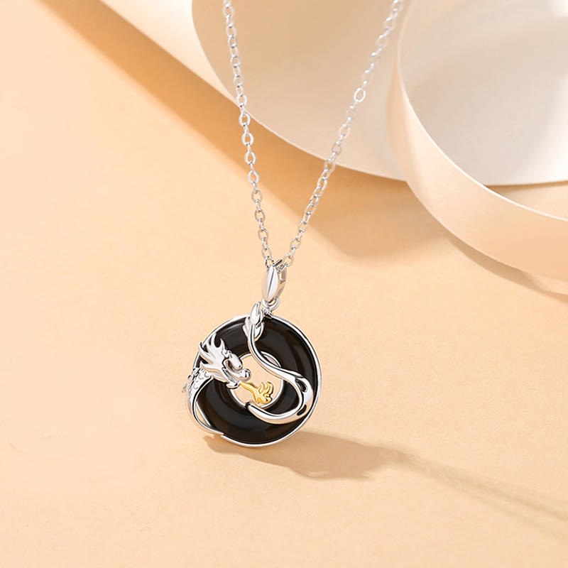 Kette Onyx Drachen Phönix Anhänger silberfarben schwarzer Stein