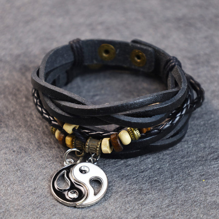 Schwarzes Leder Armband Yin Yang Drachen Anhänger mit Holzperlen Draufsicht