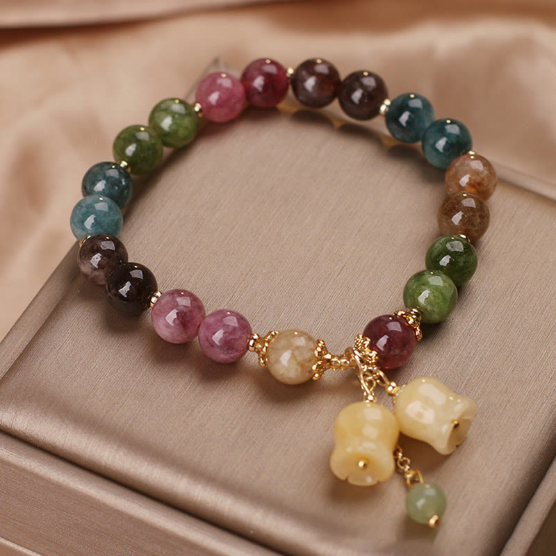 Buntes Turmalin Armband mit Blume und Perlen Anhänger elegant.