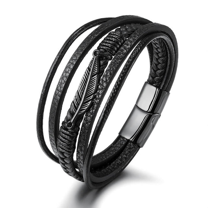 Schwarzes magnetisches Armband Leder geflochten Edelstahl Verschluss elegant