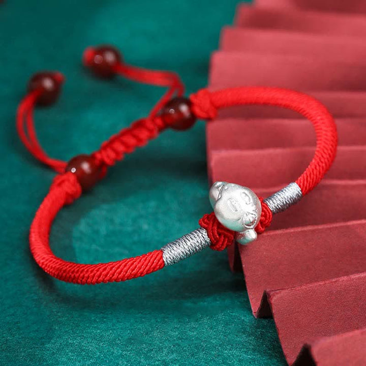 Rotes Armband 925 Silber Chinesisches Tierkreis Glück Stärke Knoten