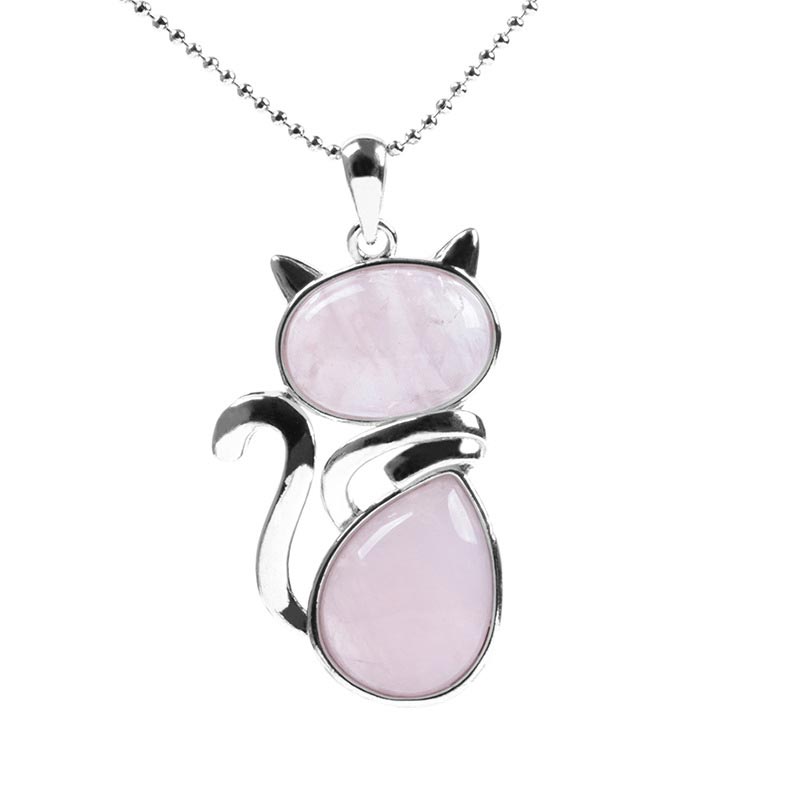 Rosenquarz Katze Kette mit rosa Heilsteinen Anhänger Liebe