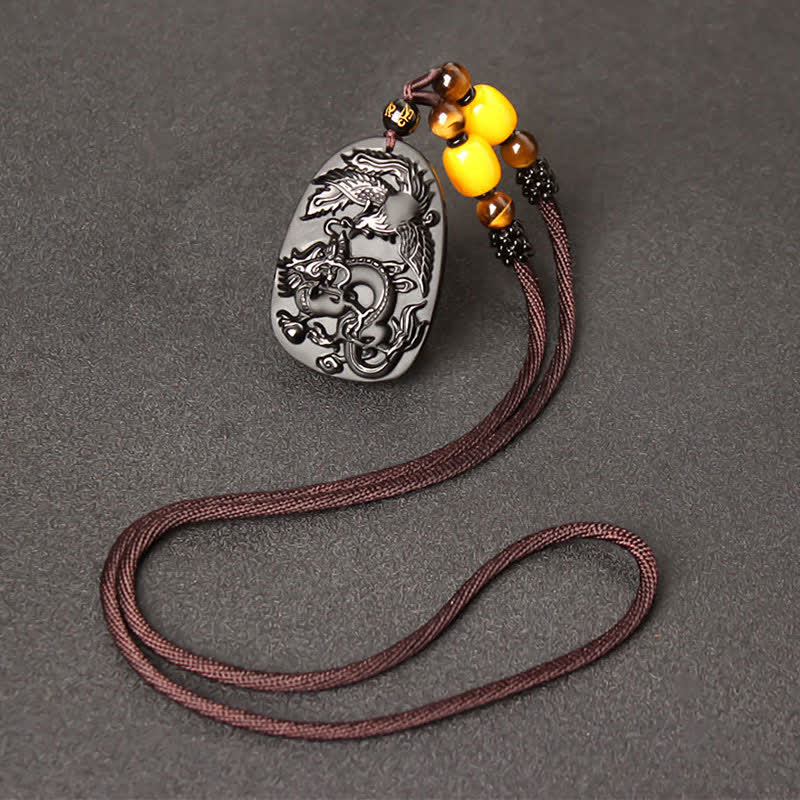 Obsidian Kette Tiger Auge Phönix Drache Schutz Anhänger