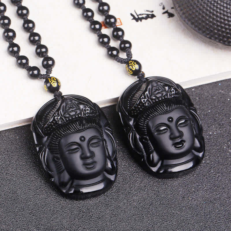 Anhänger Kette schwarze Obsidian Avalokitesvara Buddha Perlen