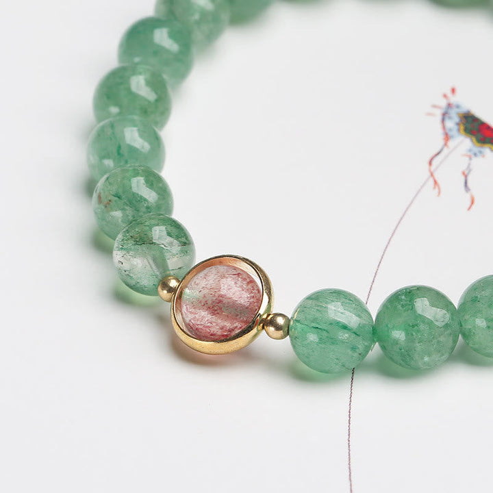 Armband Erdbeerquarz – Energie grüne Perlen Goldverschluss elegant