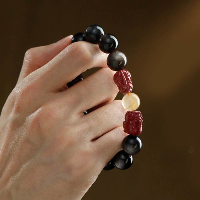 Armband Obsidian Zinnober Om Mani Padme Hum Schutz elastisch Naturstein