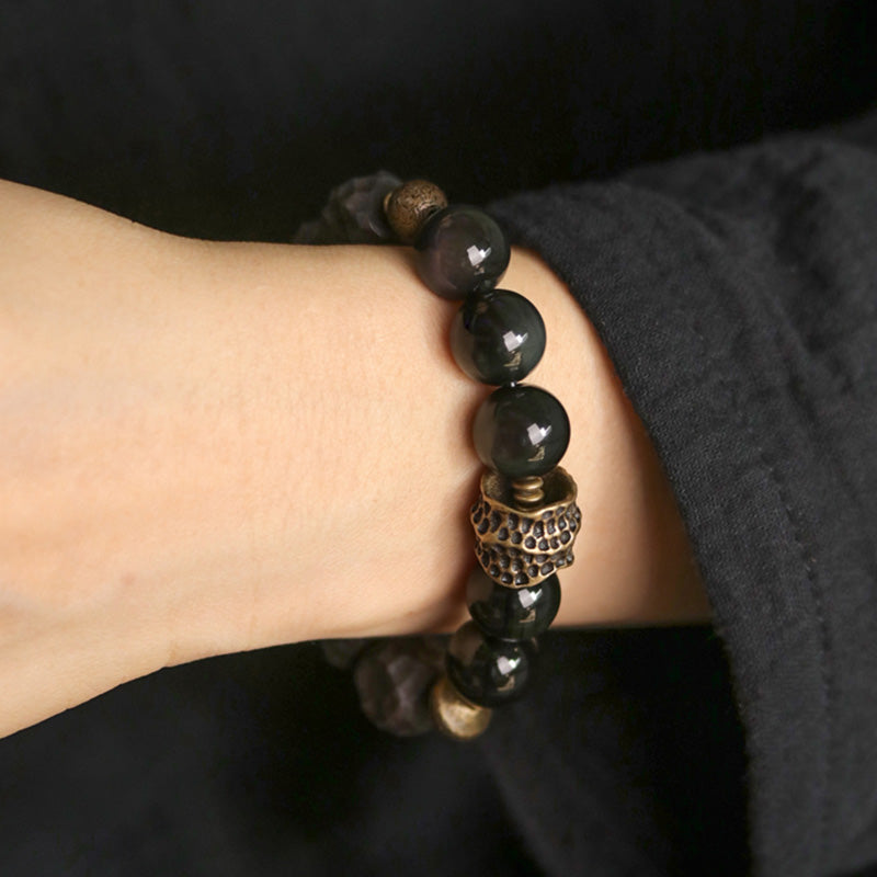 Armband Schwarzer Obsidian Kupfer Paar – Stärke elastisch getragen Handgelenk