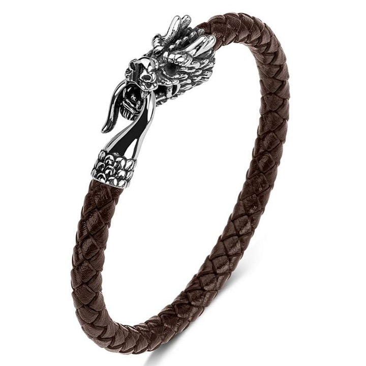 Armband Drachen Schutz Glück braunes Leder geflochten Silber Drachenkopf Verschluss