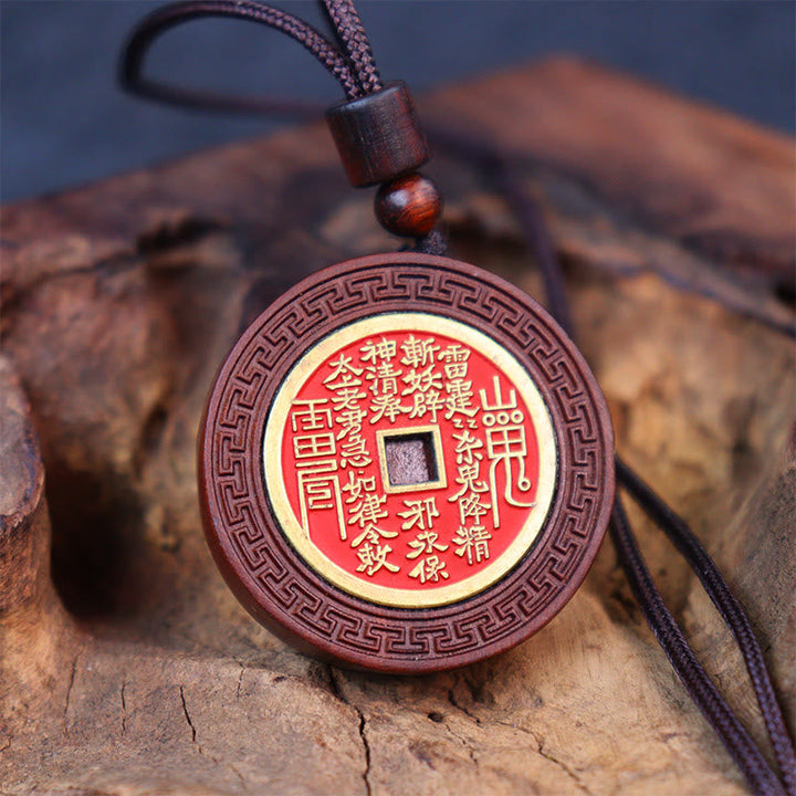 Anhänger Münze Feng Shui Holz Kette Schutz