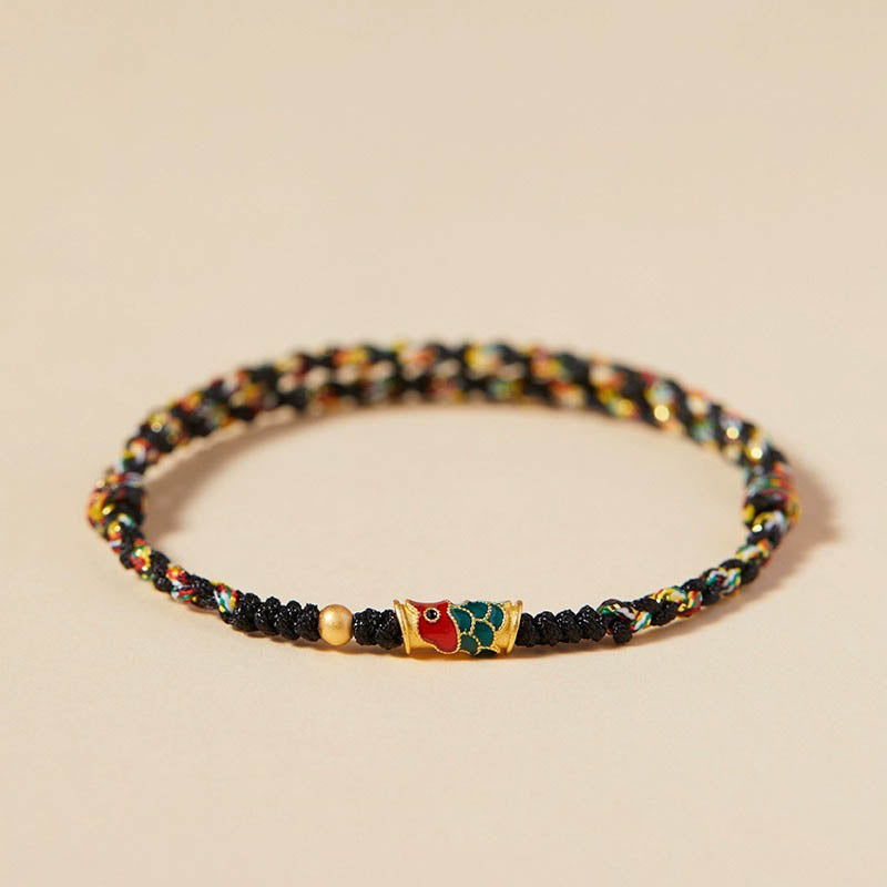 Armband Koi Fisch Wohlstand Energie buntes Muster schwarze Kordel Golden