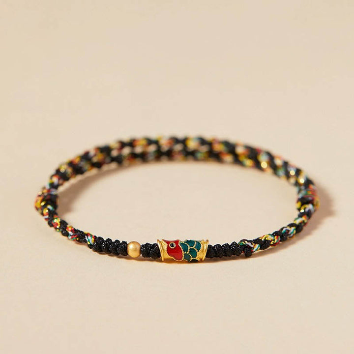 Armband Koi Fisch Wohlstand Energie buntes Muster schwarze Kordel Golden
