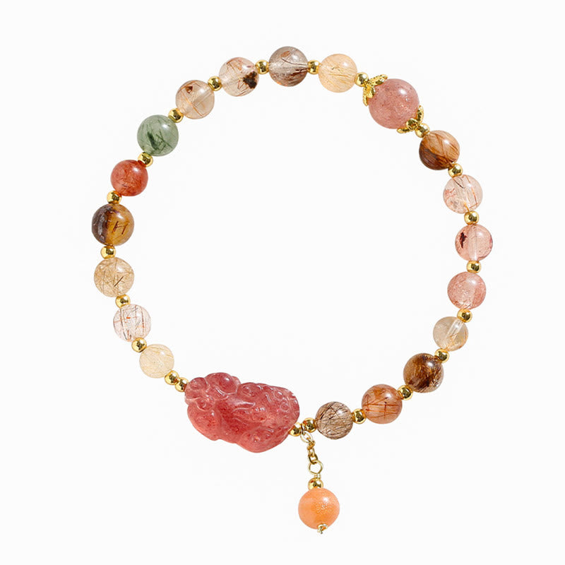 Armband Erdbeerquarz Pixiu Wohlstand Naturstein elastisch Perlen gold