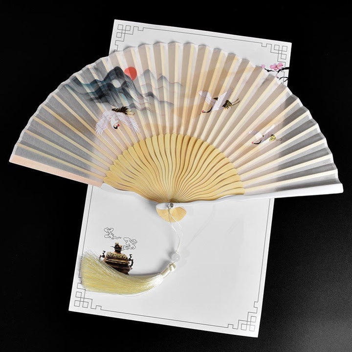 Faltfächer Bambus Kranich Wolke Beige