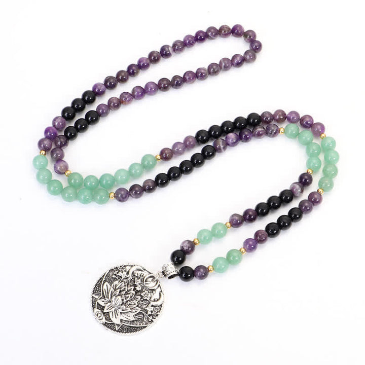 Armband Grüner Aventurin Amethyst Lotus Anhänger Naturstein elastisch.