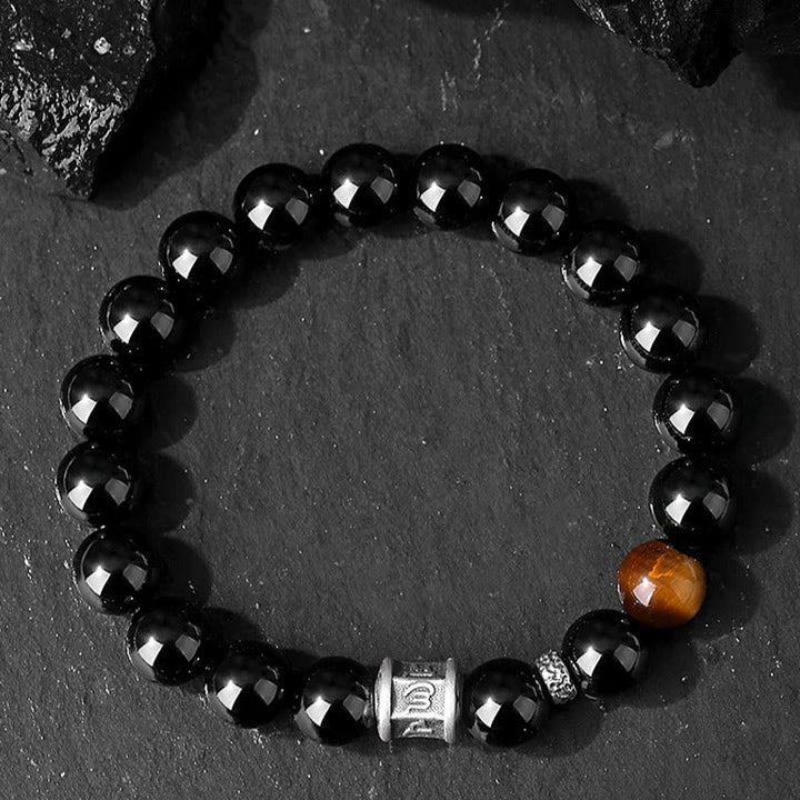 Armband 925 Silber Schwarzer Obsidian Om Mani Padme Hum Tigerauge