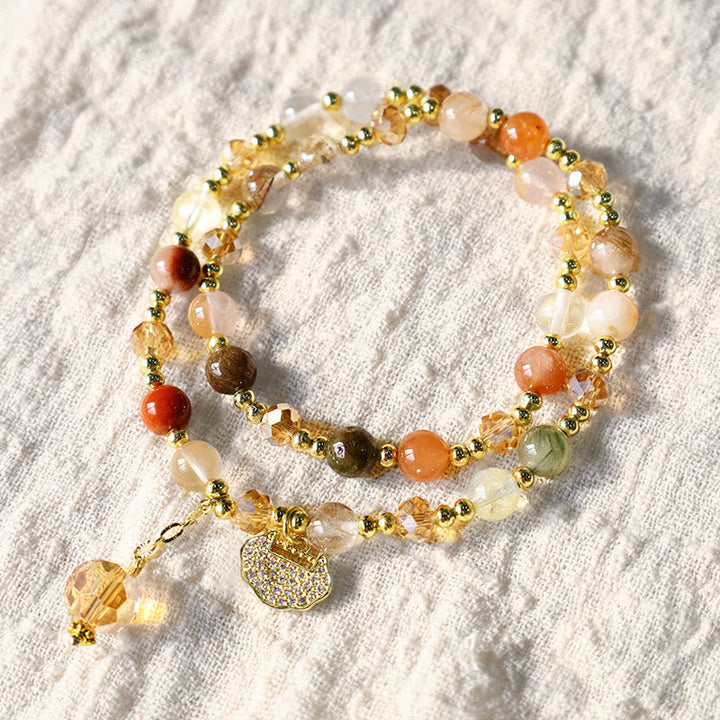 Armband Bunt Rutilquarz Doppelt Gewickelt mit Goldperlen Charm.