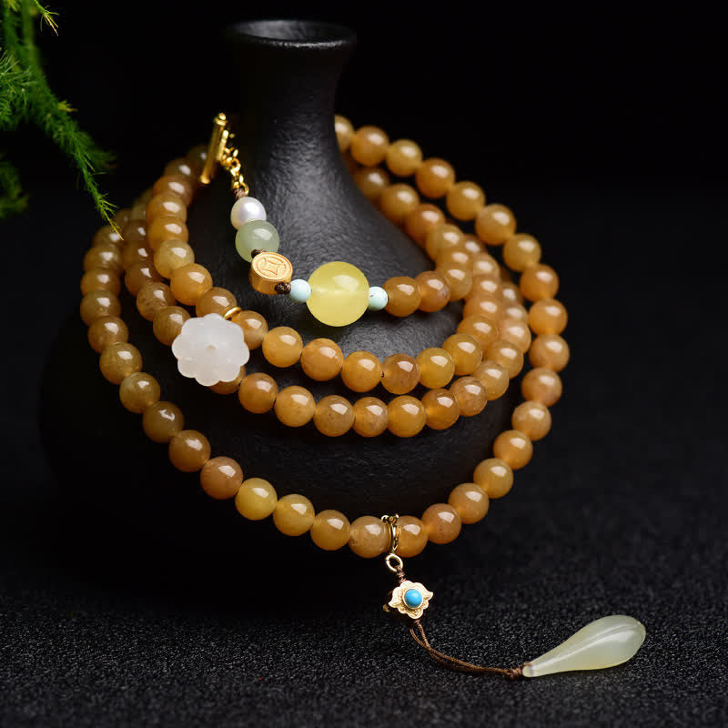 Armband Weiße Jade Perle Lotus Erfolg bernsteinfarbene Perlen elegantes Schmuckset