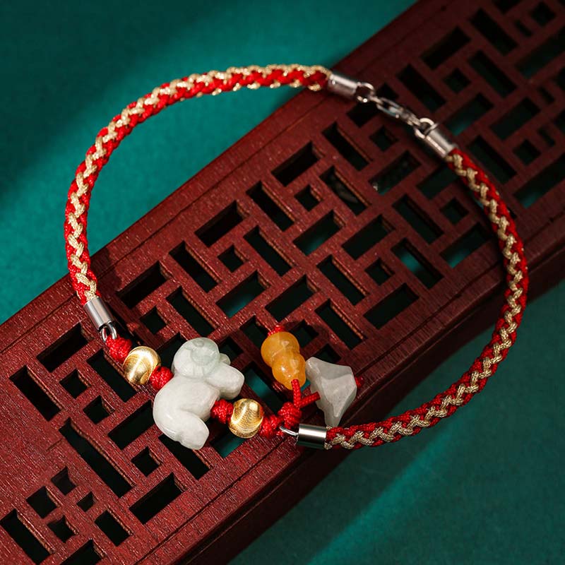 Rotes Armband Jade Chinesisches Tierkreis mit weißen Steinen Wohlstand