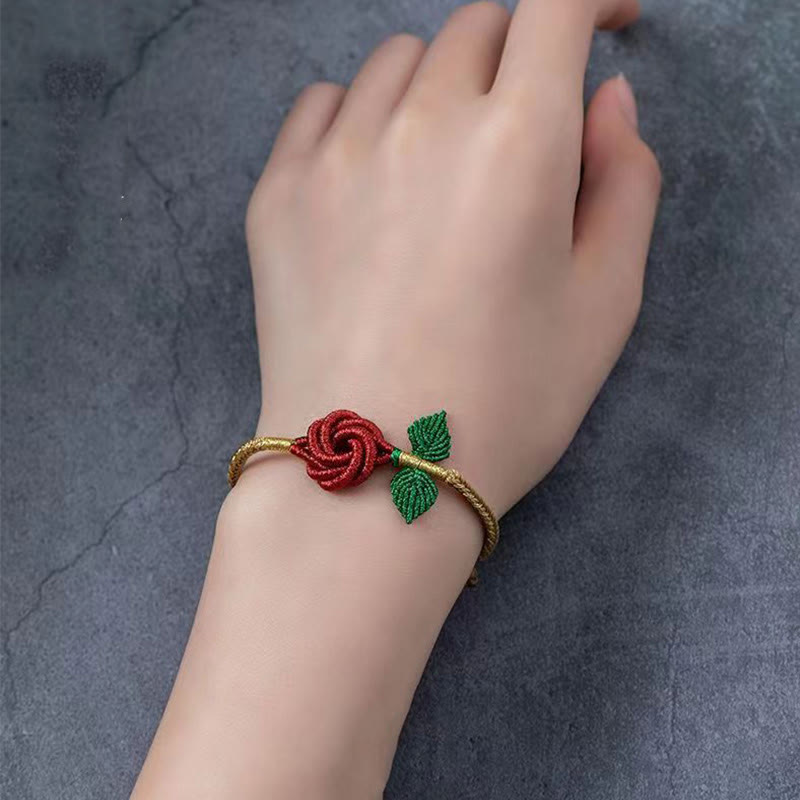 Armband – Glück & Frieden & Energie rote Rose grüne Blätter Goldkordel