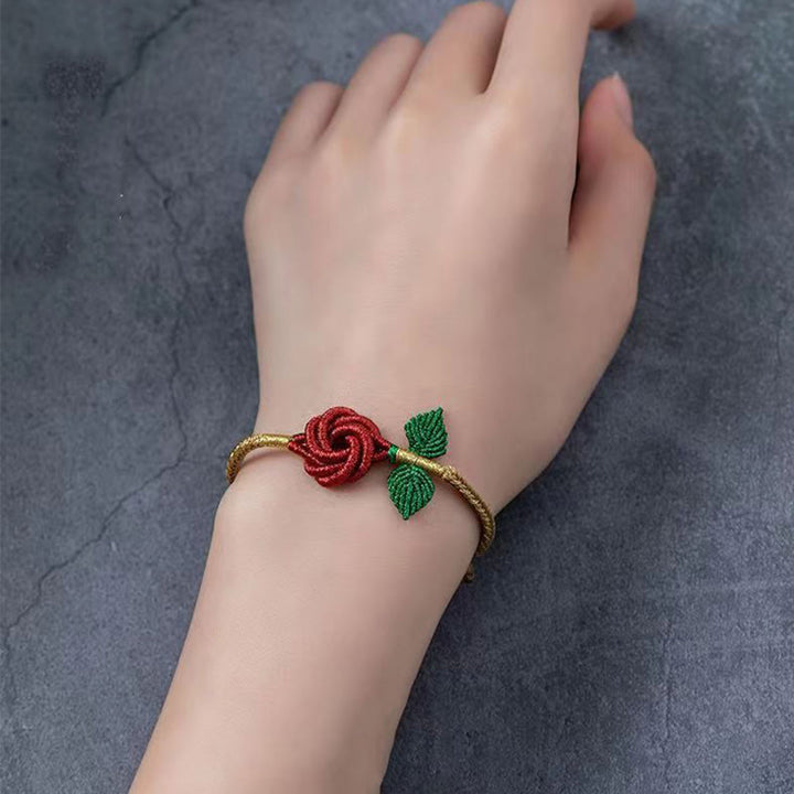 Armband – Glück & Frieden & Energie rote Rose grüne Blätter Goldkordel