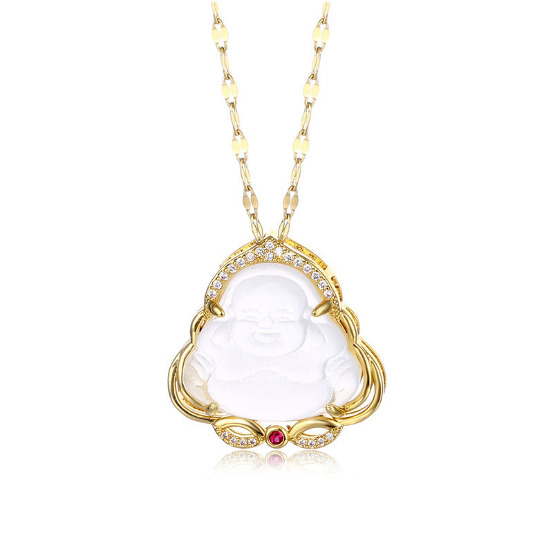 Kette Jade Lachender Buddha Gold Anhänger weiß