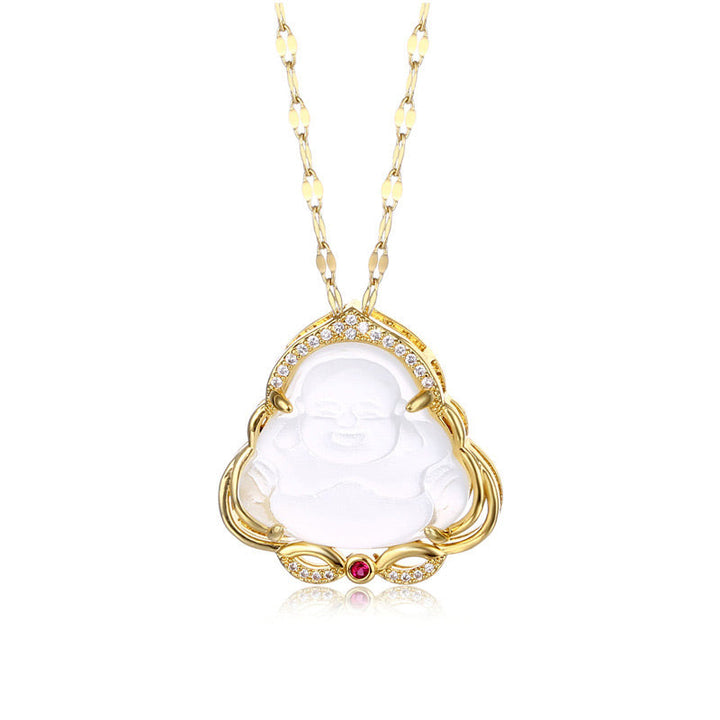 Kette Jade Lachender Buddha Gold Anhänger weiß