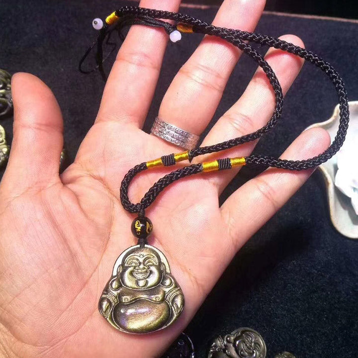 Obsidian Kette Lachender Buddha Wohlstand Anhänger schwarz