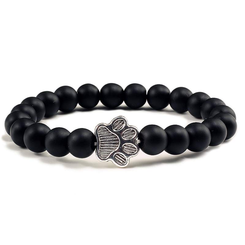 Schwarzes Armband Hund Pfote Charm Naturstein elastisch Herrenarmband