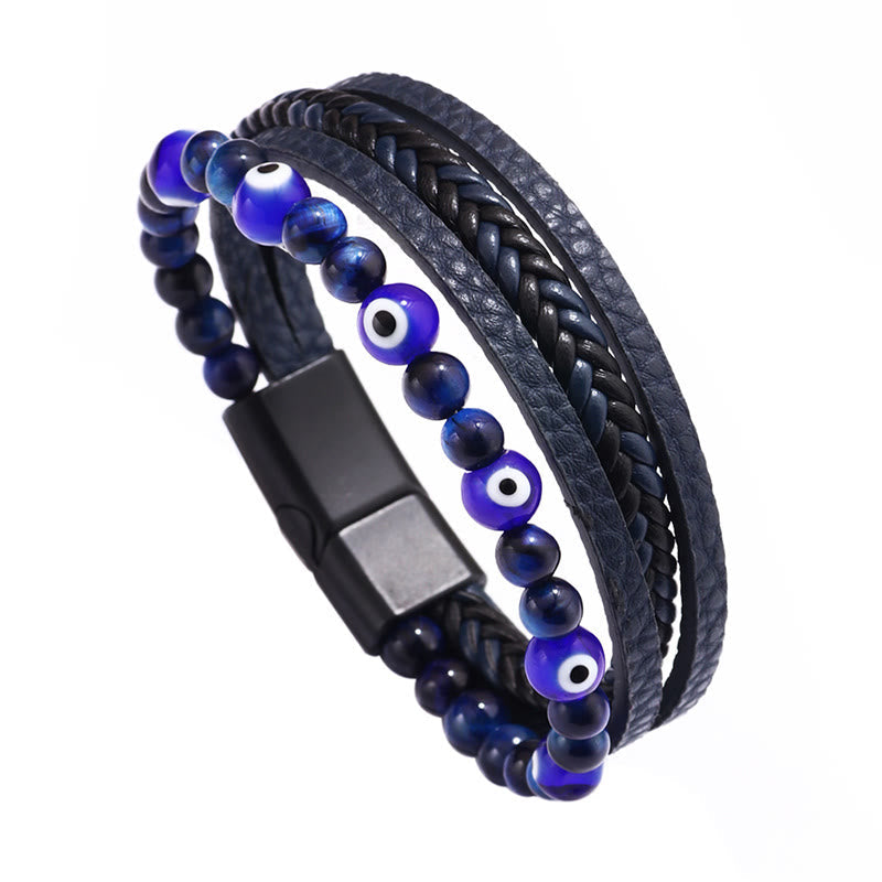 Armband mit blauen Perlen und bösen Augen Schutzsteinen Lederband