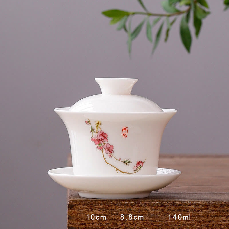 Teetassen Mit Untertasse Gaiwan Berge Porzellan Lange Tasse - Pfirsichblüte