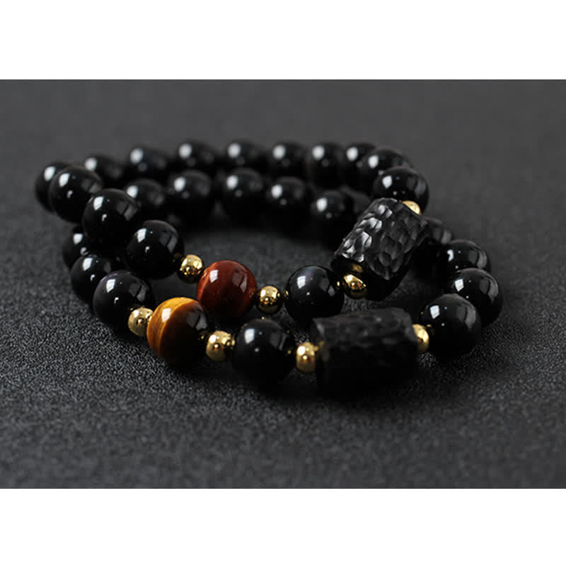 Armband Schwarzer Obsidian Tigerauge Paar Stärke goldene Perlen Naturstein