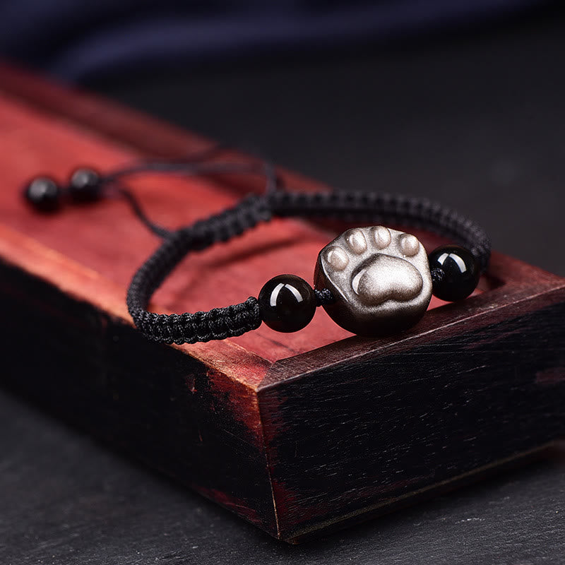 Silbernes Katzenpfoten Armband mit schwarzen Obsidian Perlen elastisch