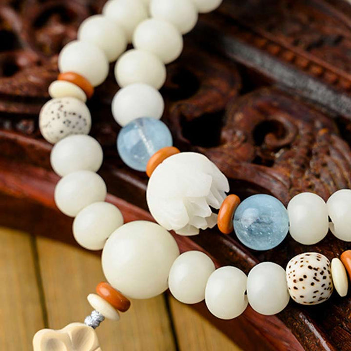 Armband Weiße Jade Bodhi Lotus – Segen mit blauen Steinen elastisch