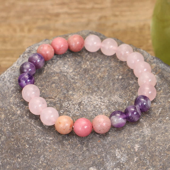 Mala Rosenquarz Amethyst Armband mit Heilsteinen elastisch tragbar.