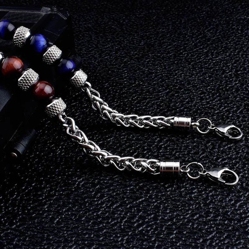 Schwarzer Onyx Tigerauge Armband mit Silberketten Perlen Flachansicht