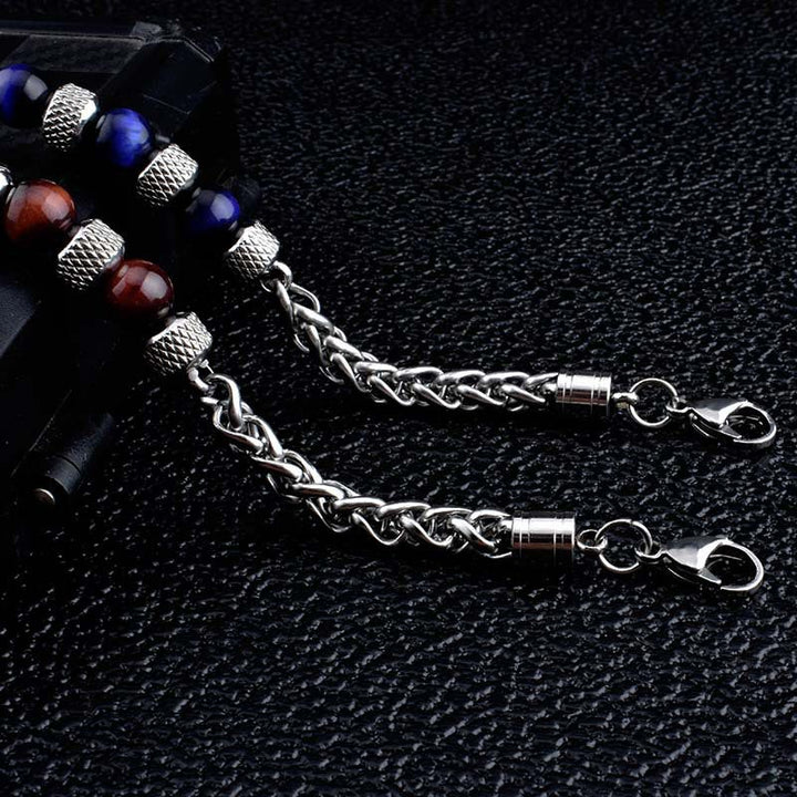 Schwarzer Onyx Tigerauge Armband mit Silberketten Perlen Flachansicht