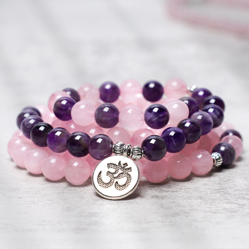 Mala Rosenquarz Amethyst Perlen Lotus Anhänger