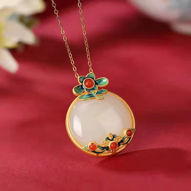 Kette weiße Jade rote Achat Blume Glück