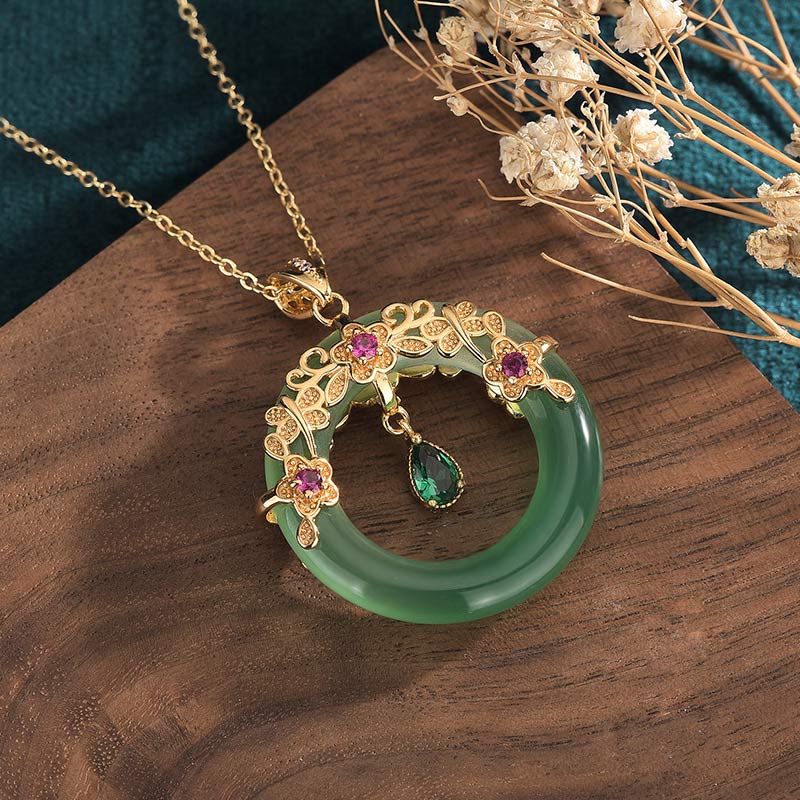 Kette Jade grüner Lotus Blüte Anhänger gold elegant Naturstein