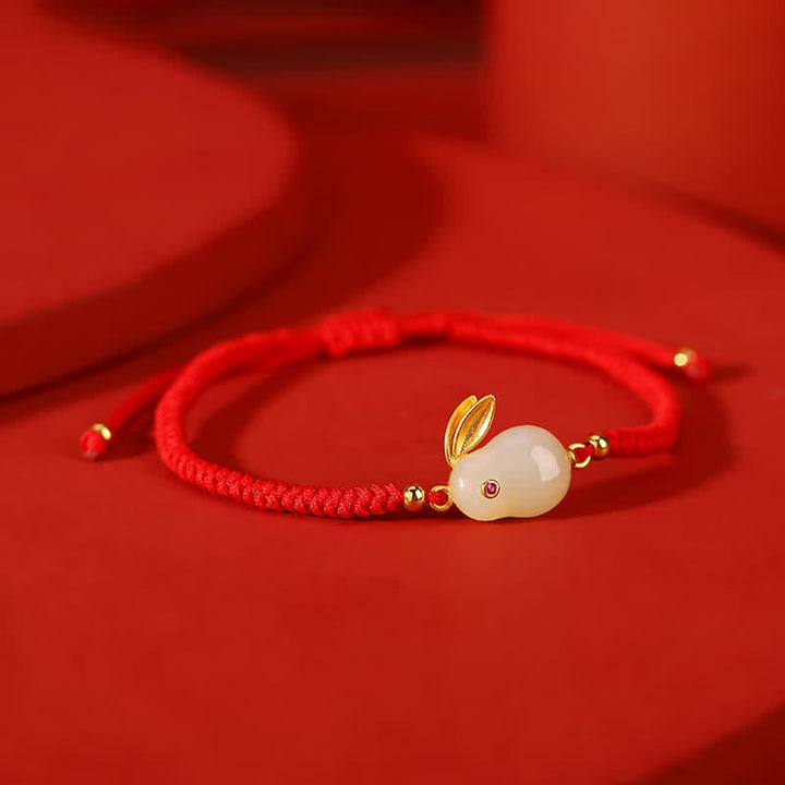 Armband Jade Hase 925 Silber Rot Schnur